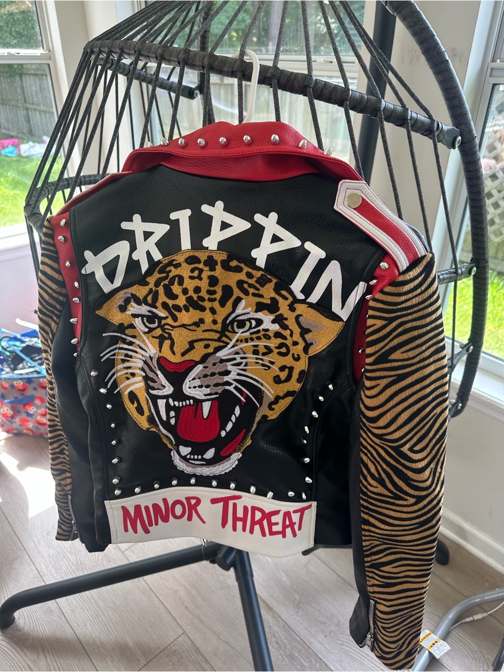 Women’s Red & Black Graphic Leather Biker Jacket - Picture 2 of 3